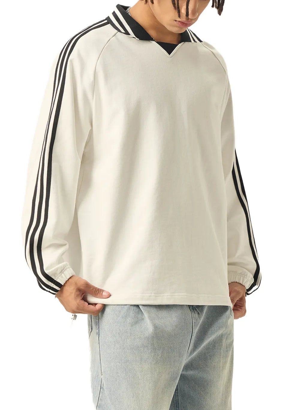 QC Striped Lapel Collar Sweatshirt