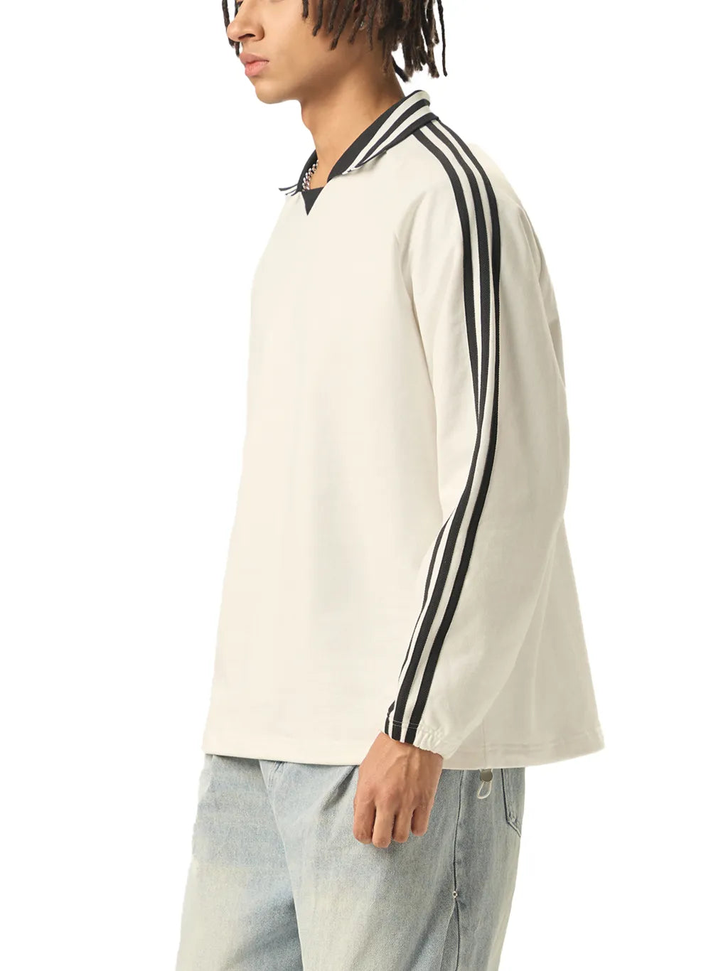 QC Striped Lapel Collar Sweatshirt