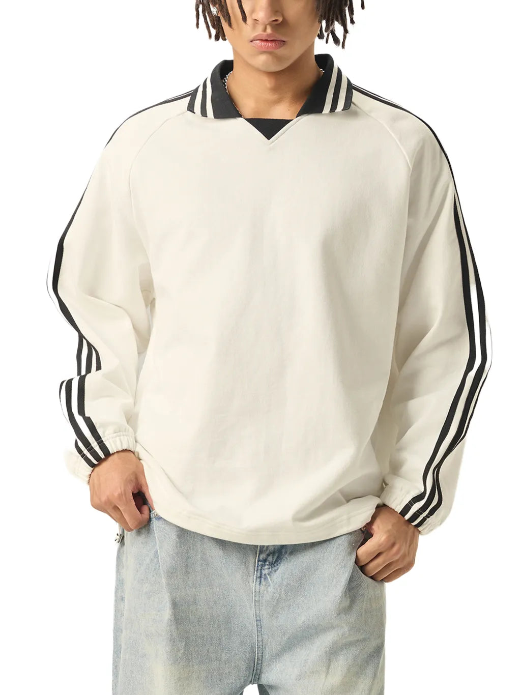 QC Striped Lapel Collar Sweatshirt